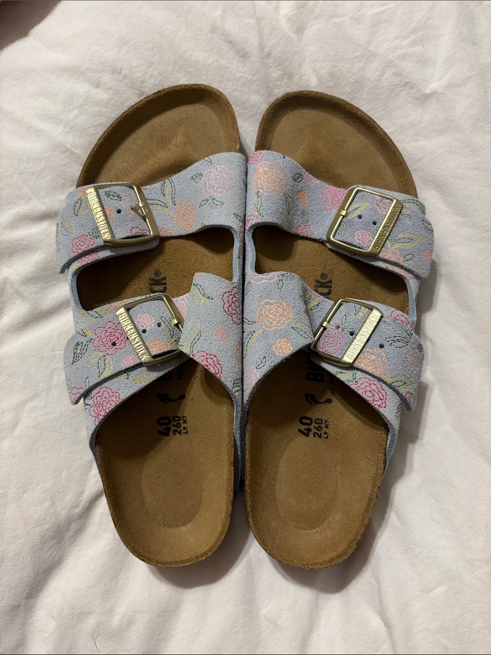 Birkenstock Floral Double-Buckle Sandals - Light Blue with Pink & Peach Flowers